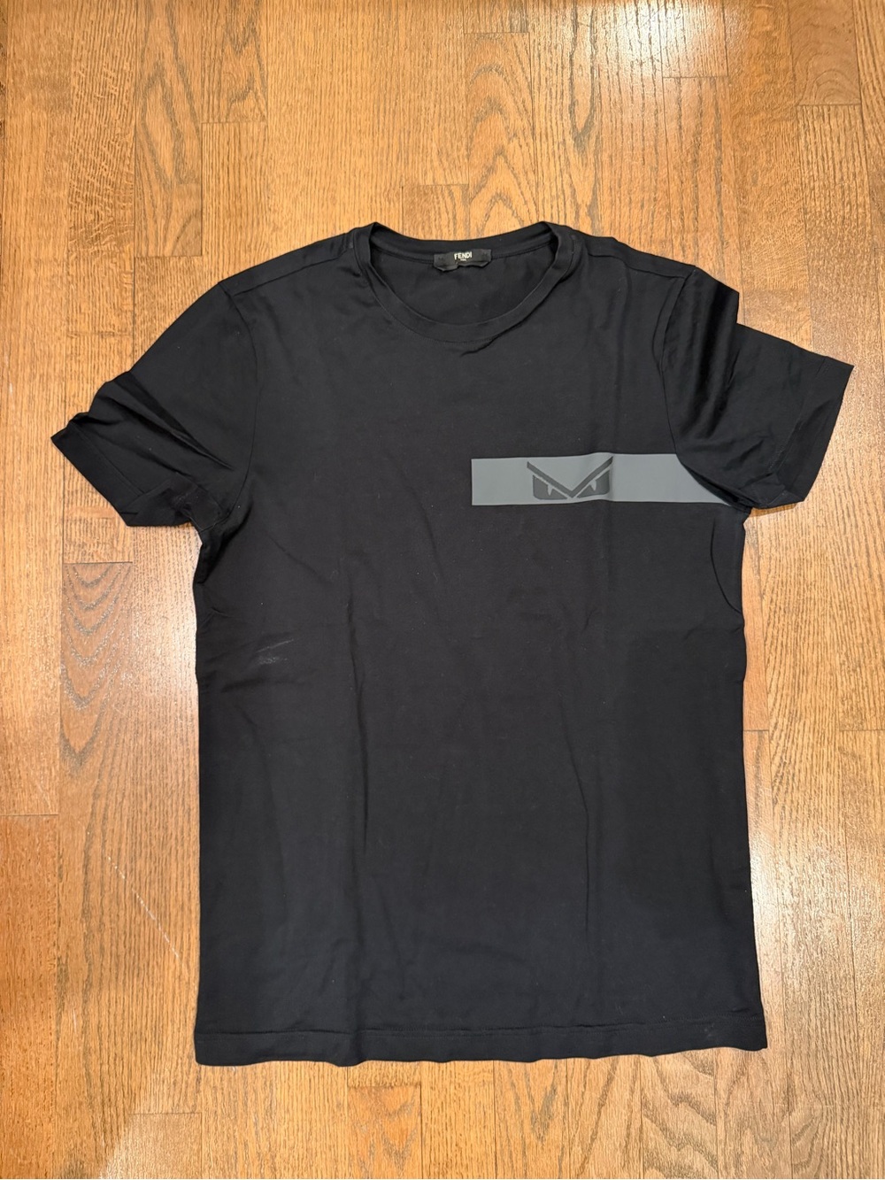 Fendi Black Tee with Gray Logo Stripe